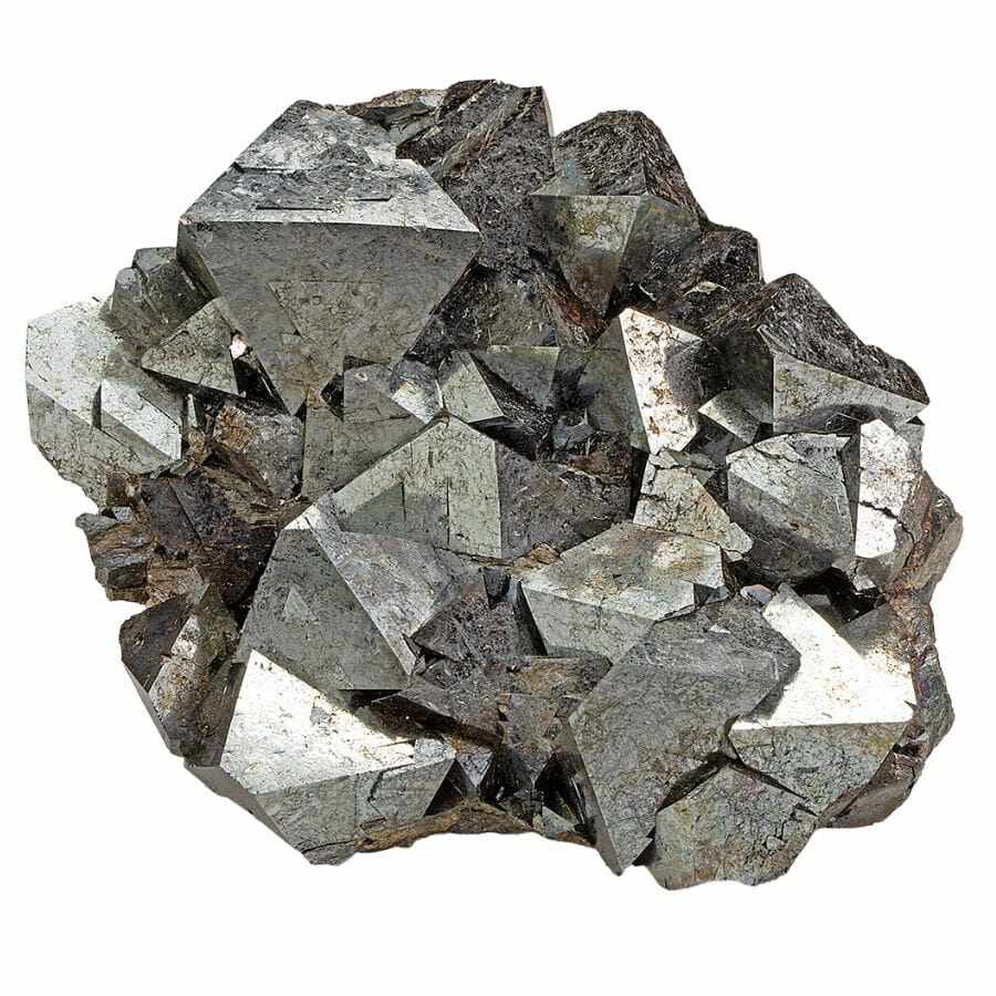 cluster of rhombohedral metallic gray magnetite crystals