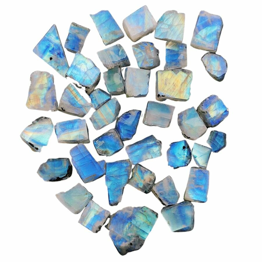 several rough moonstone pieces in different blue hues