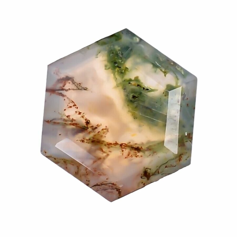 hexagonal polished moss agate with semi-translucent base and green and red patterns
