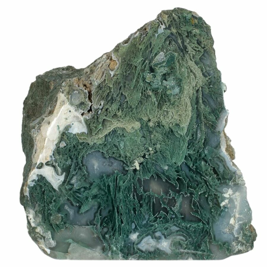 piece of rough moss agate with semi-translucent base and forest green mossy patterns