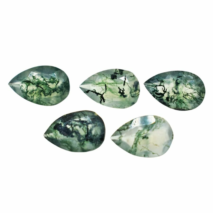 five pieces of pear cut moss agate with translucent base and green mossy patterns