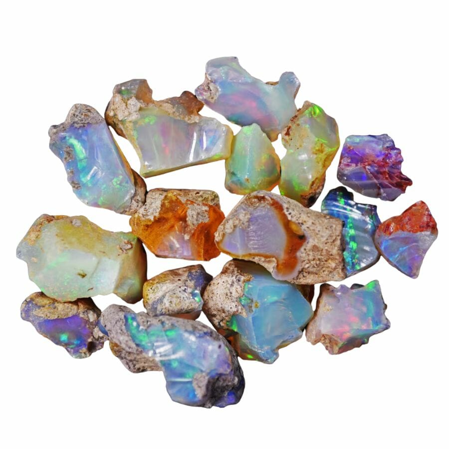 several pieces of rough opals with different colors