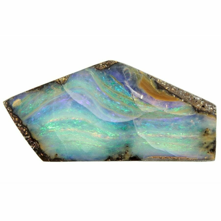 boulder opal slab with green, yellow, and purple swirls