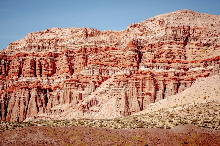 view of red rock canyon state park, showing red and white layers in the rock