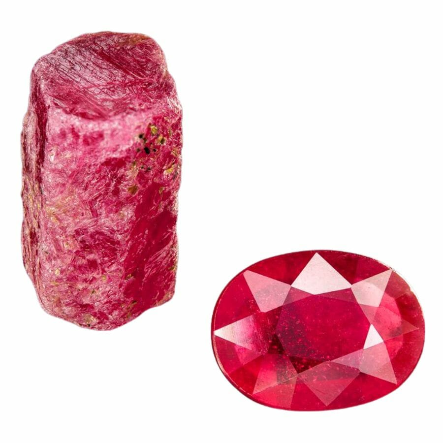 one raw hexagonal ruby crystal and one oval cut ruby gem