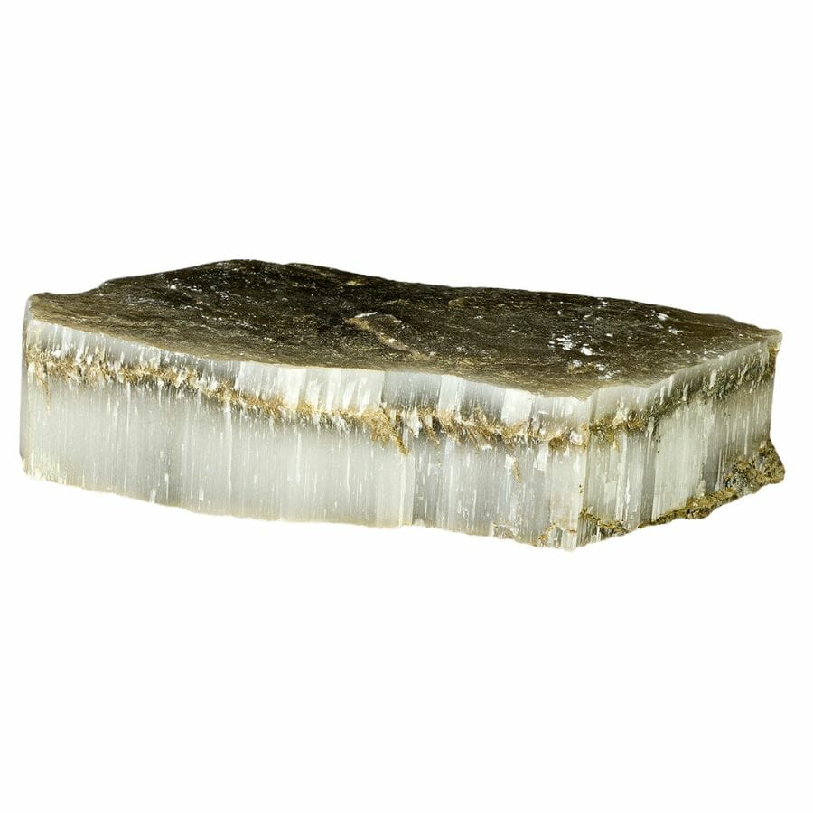 raw satin spar chunk showing fibrous crystals