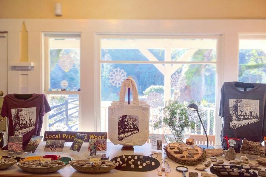 table displaying items for sale at the Petrified Forest gift shop in Calistoga, California