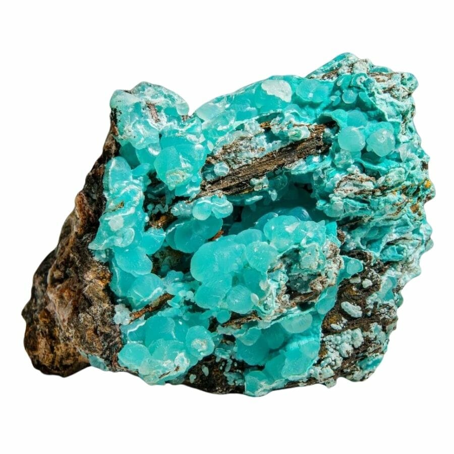 bright bluish green botryoidal smithsonite crystals on a rock