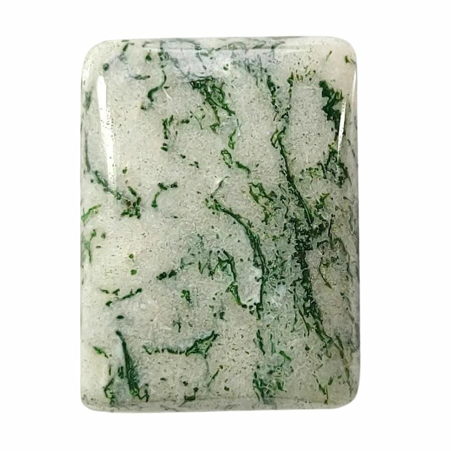 polished rectangular tree agate cabochon with milky white base and green patterns