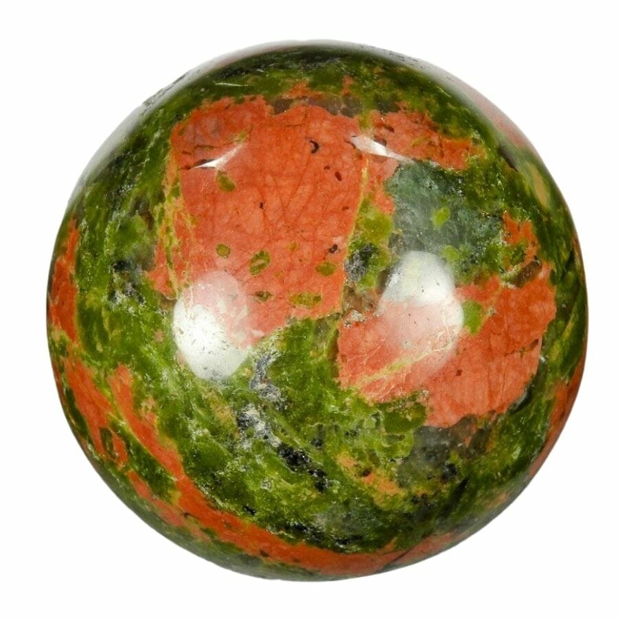 polished unakite sphere with green and red swirls