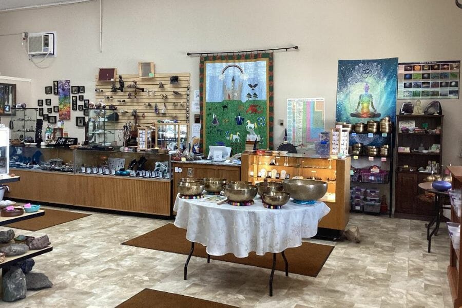 shelves and tables displaying the Windy Way Rock Shop's wares