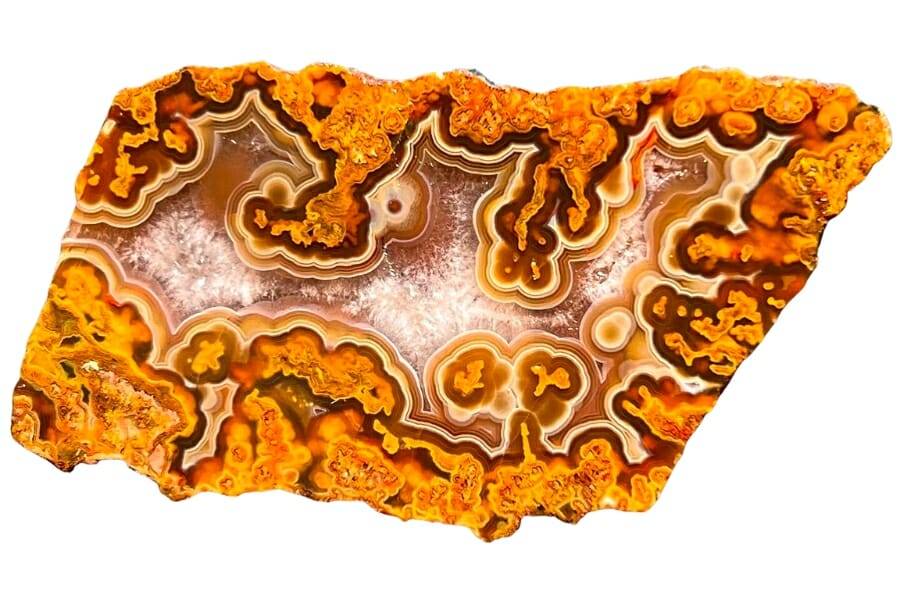 A colorful and bright banded agate with details of yellow, brown, and orange