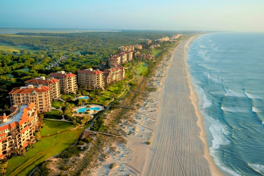 Stunning aerial view of the shores and waters of Amelia Island