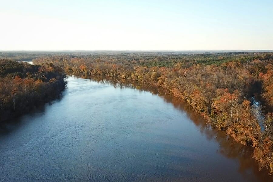 The calm stretch of the Cape Fear River surrounded by lush and vibrant trees