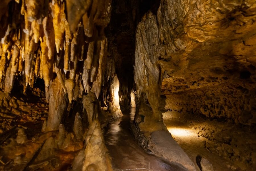 interior of Cave of the Mounds with stalactites and stalagmites