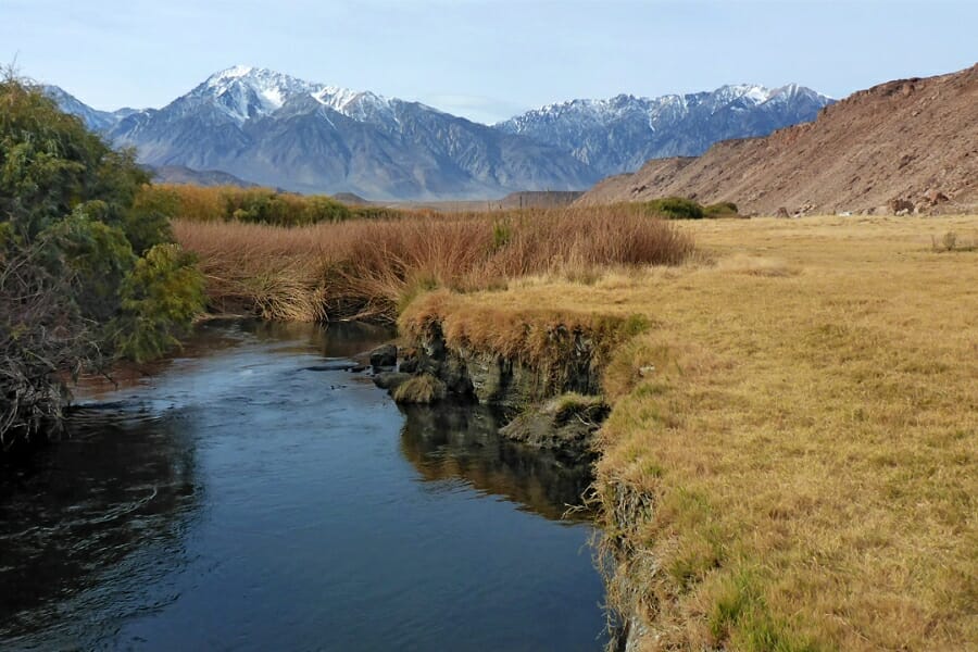 A picturesque landscape with a river, grasslands, and mountains in the backdrop