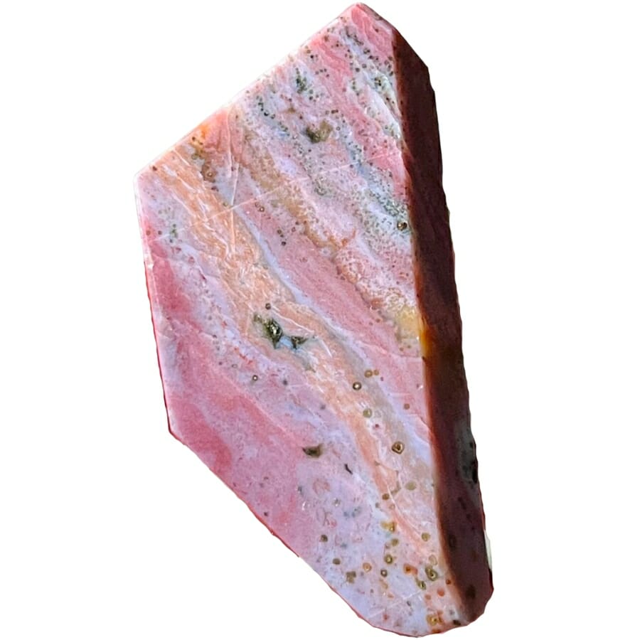 An ocean jasper with prominent colors of pink, orange, and yellow tinge