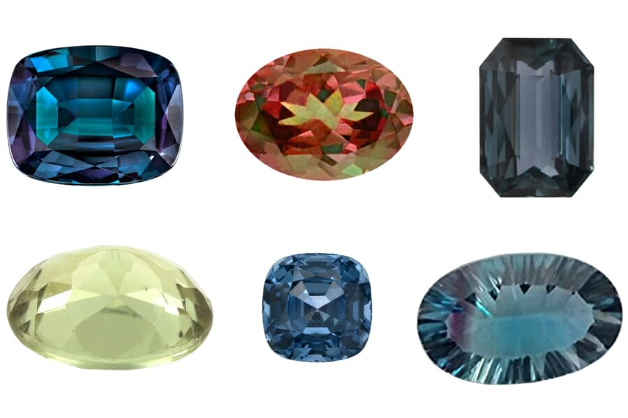 A display of different types and colors of alexandrite