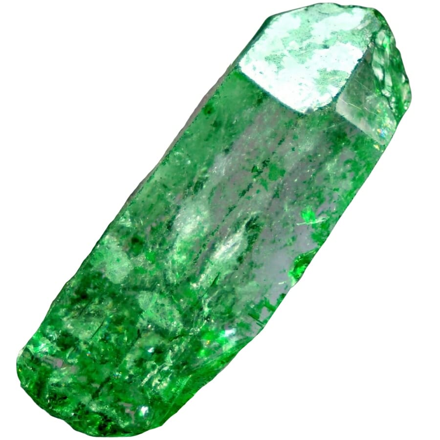 A dyed green quartz tower with blotches of green