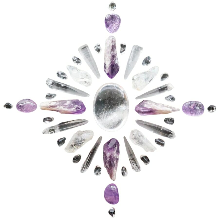 Different types of quartz arranged in a pattern