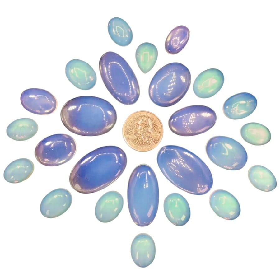 Different colors of polished opalites arranged in a pattern