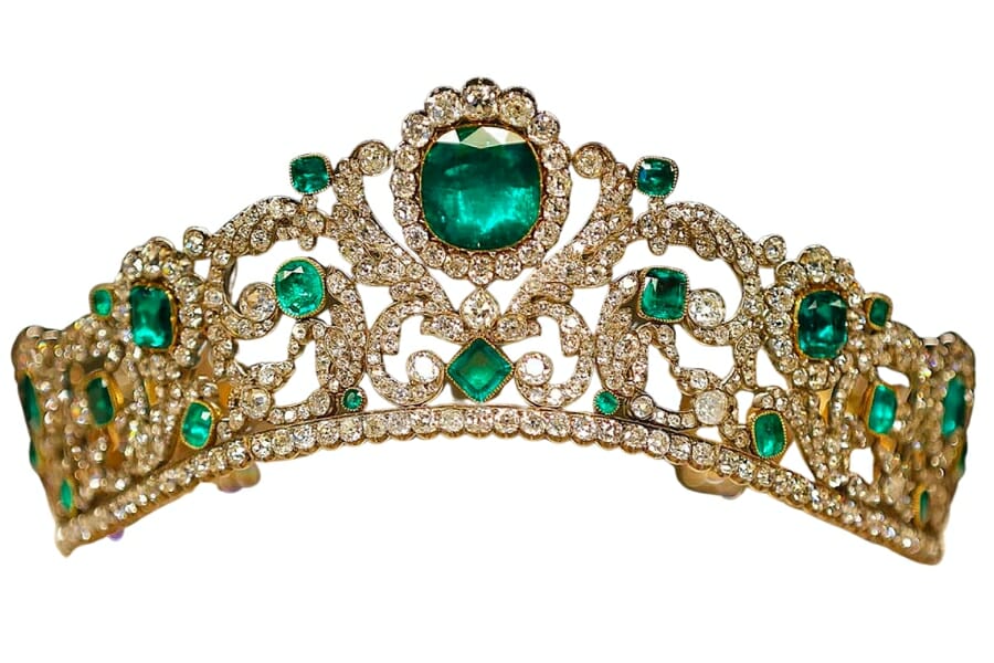 A beautiful tiara adorned with emeralds and diamonds