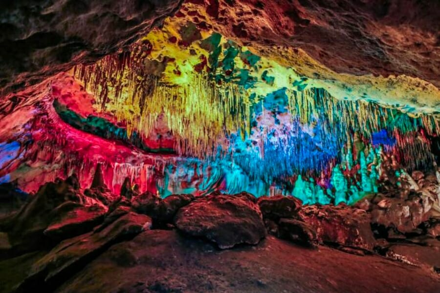 A colorful display of lights inside the Florida Caverns State Park