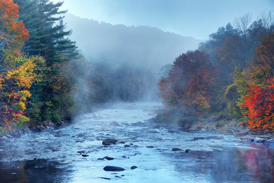 fog over a river lined with trees in Franklin County