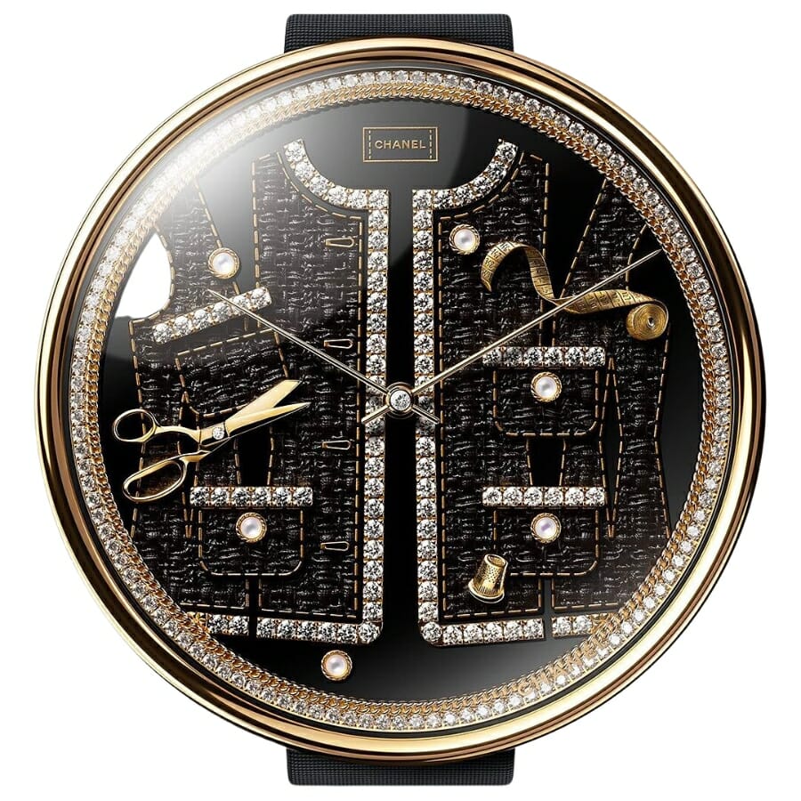 The pattern of a timeless little black jacket set with diamonds in a watch
