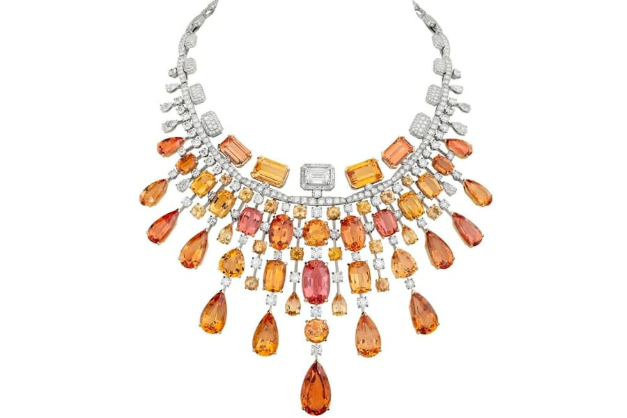 Reddish-orange Imperial topaz adorning a necklace