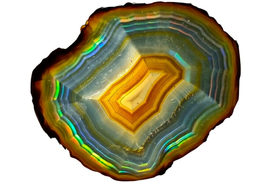 A colorful iris agate showing multiple colors in its bands