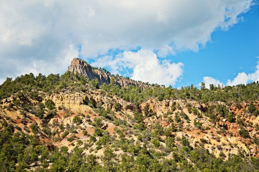 green trees on the slope of a mountain with a blue sky and white clouds in the background