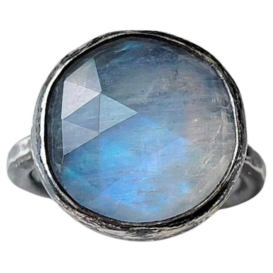 Close-up look at a moonstone set on a sterling silver ring