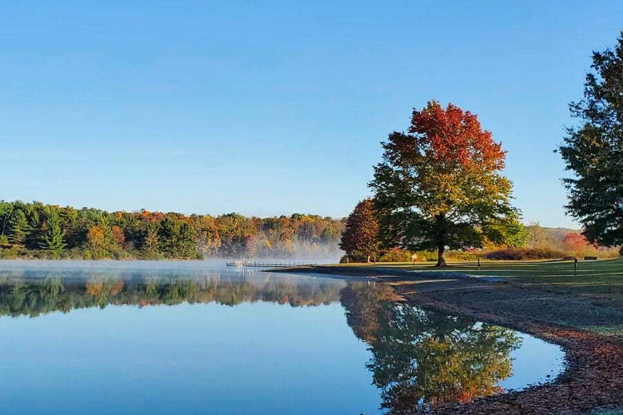 Serene view of the calm waters and surrounding trees at Montour Preserve