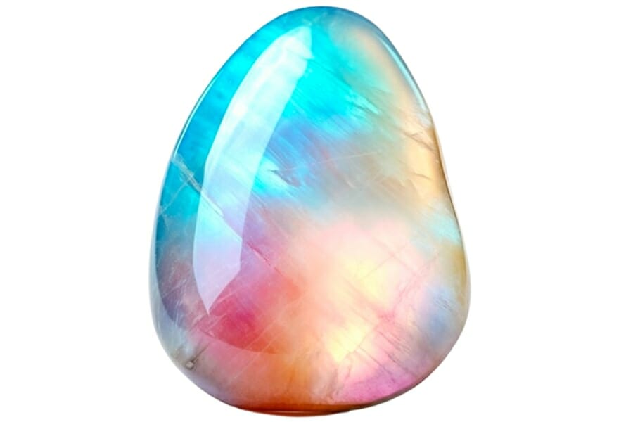 A colorful moonstone displaying adularescence in blue, red, pink, and yellow