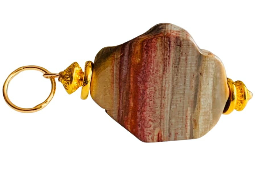 A polished petrified wood set on a golden pendant