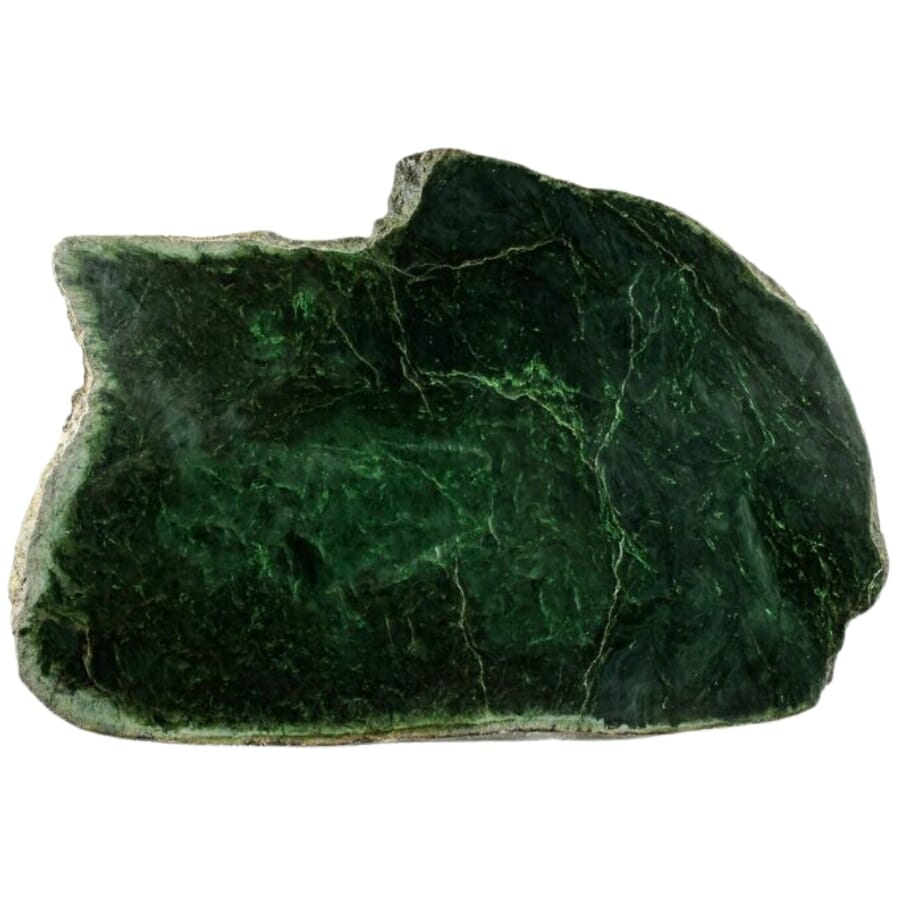 A super dark green polished canadian jade chunk with white streaks in the middle