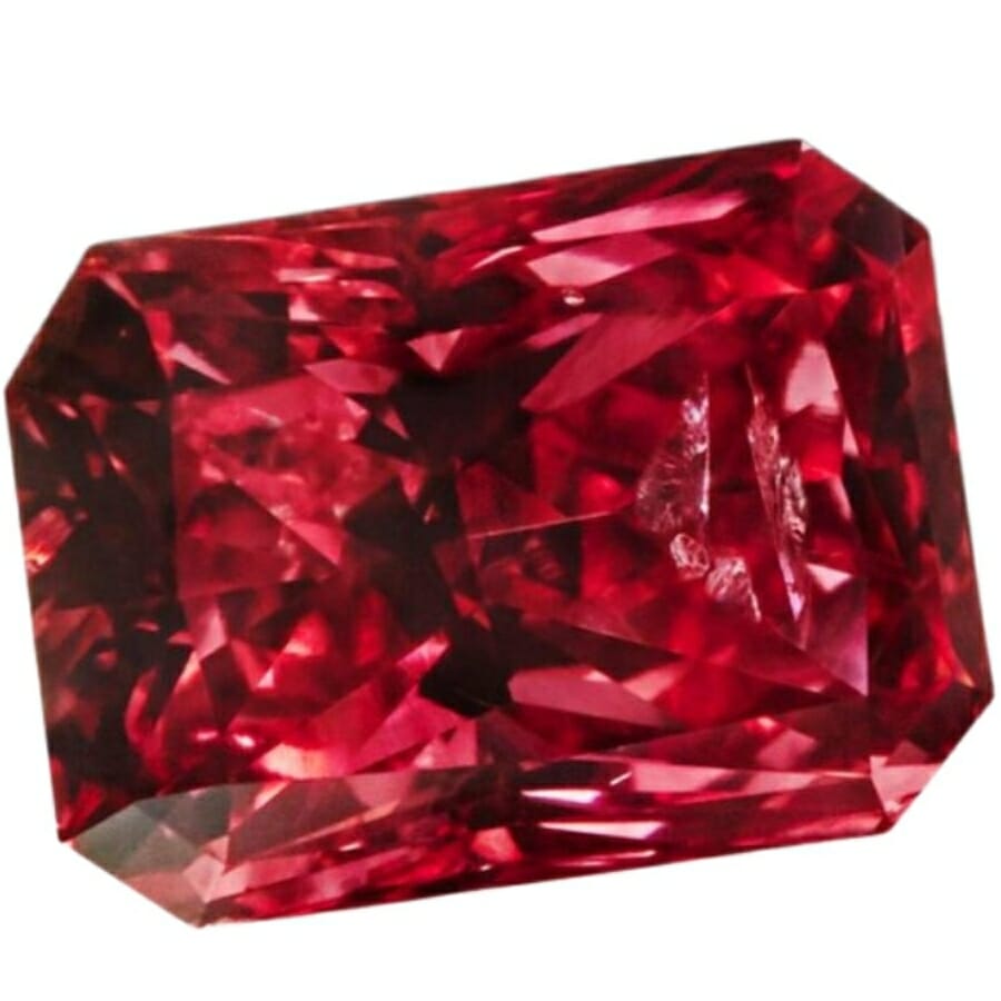 A beautiful square cut of red diamond where you can clearly see the crystal lattice