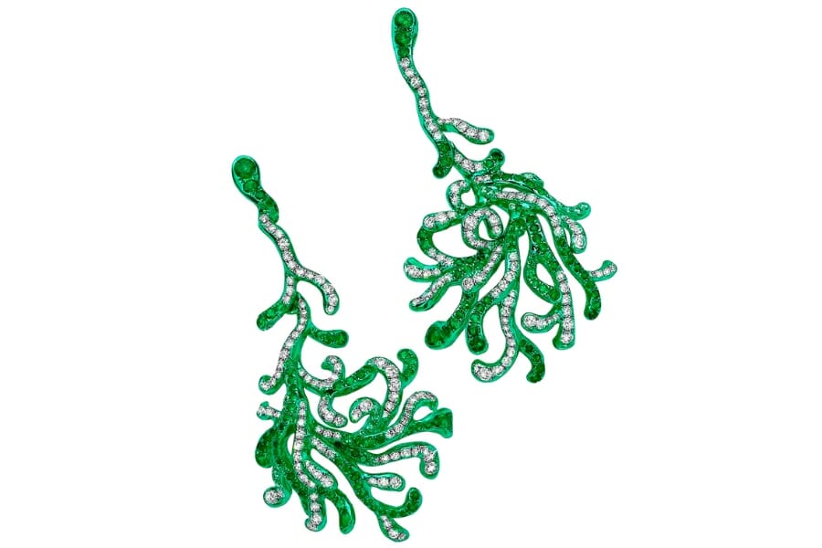 Whimsically-design green earrings with tsavorite and diamond plated in green rhodium
