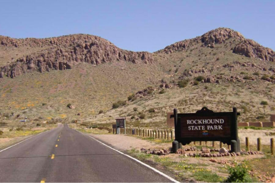 Mountains at the background of the Rockhound State Park marker