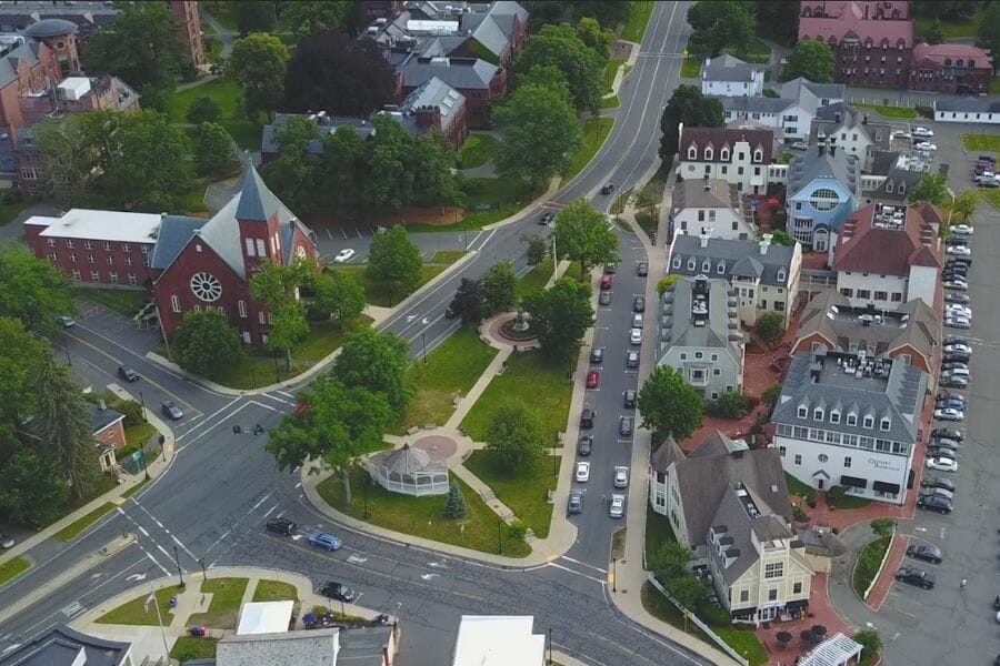 aerial view of South Hadley, with streets, buildings, and a town square