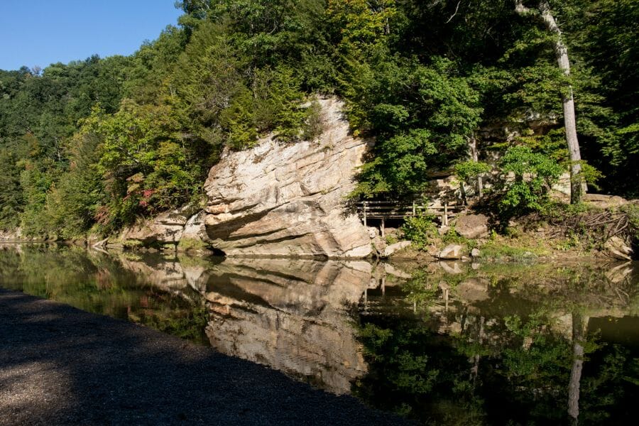 exposed rock cliff under green trees and bushes, reflected on the surface of a body of water