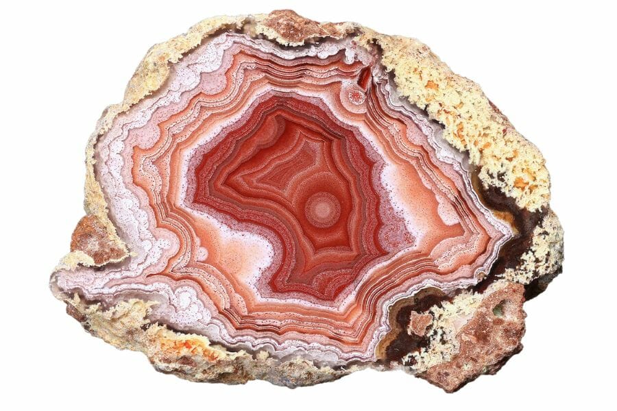 banded agate showing layers of different hues of red