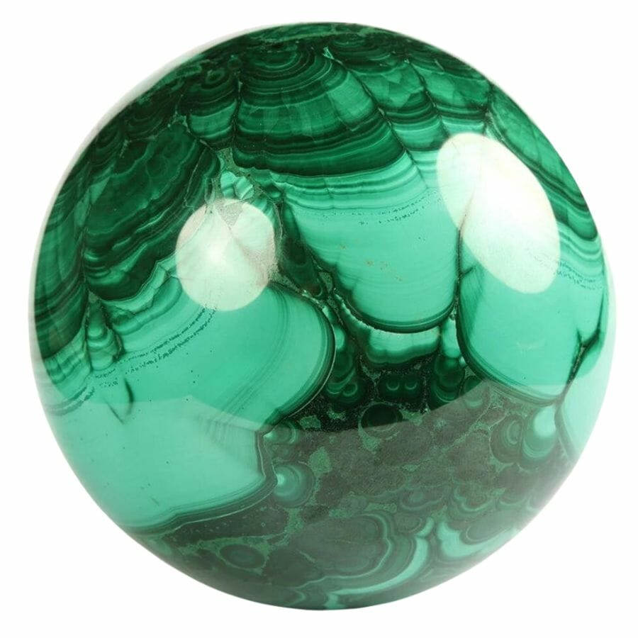 polished malachite sphere showing bands of different green hues