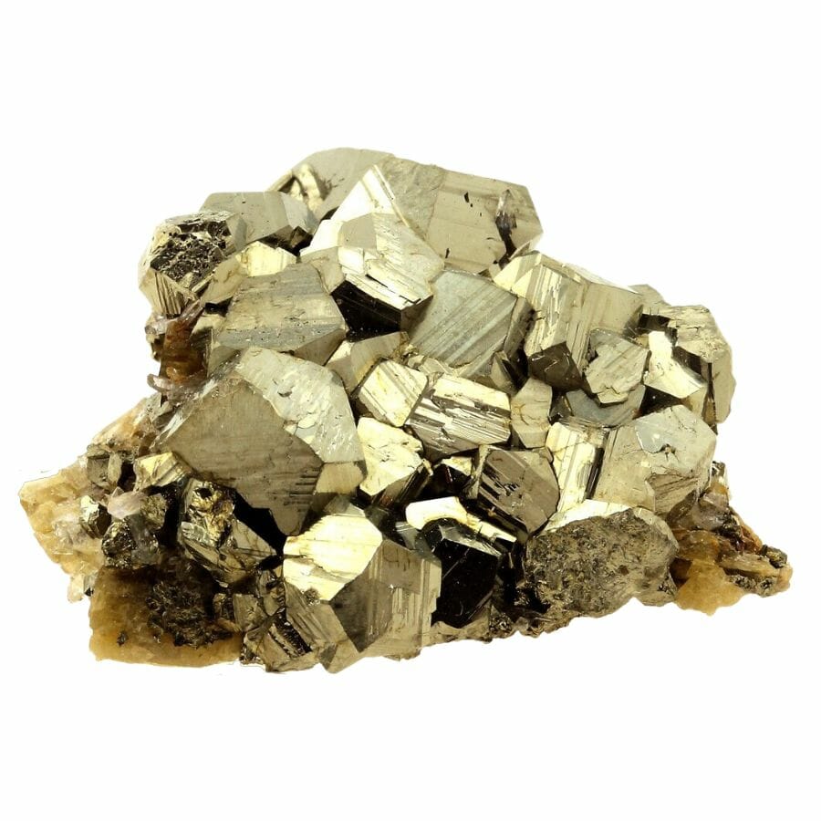 cluster of cubic pyrite crystals with a golden hue