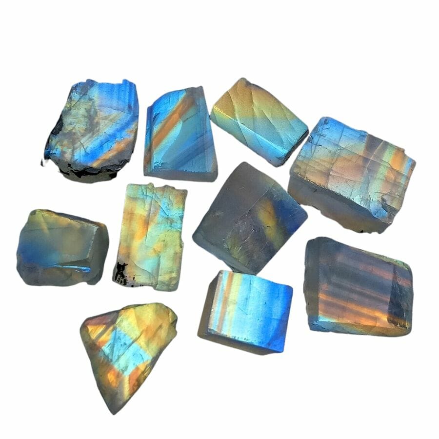 several raw shards of rainbow moonstone, each displaying blue, yellow, black, and gray