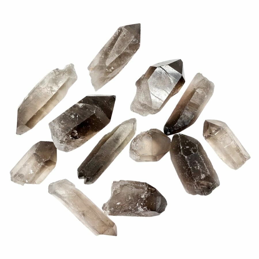 several elongated smoky quartz crystals