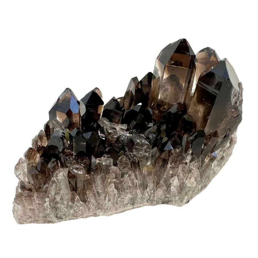 translucent dark gray smoky quartz crystals with pointed tips
