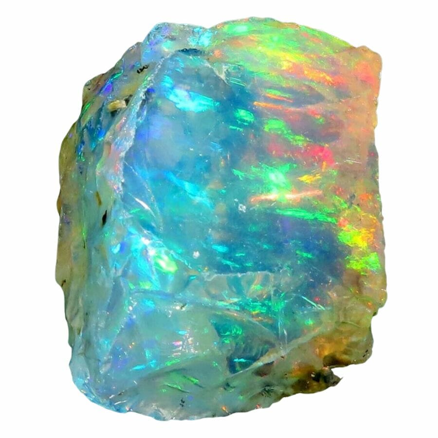 raw translucent jelly opal with bright blue, green, yellow, and orange flecks