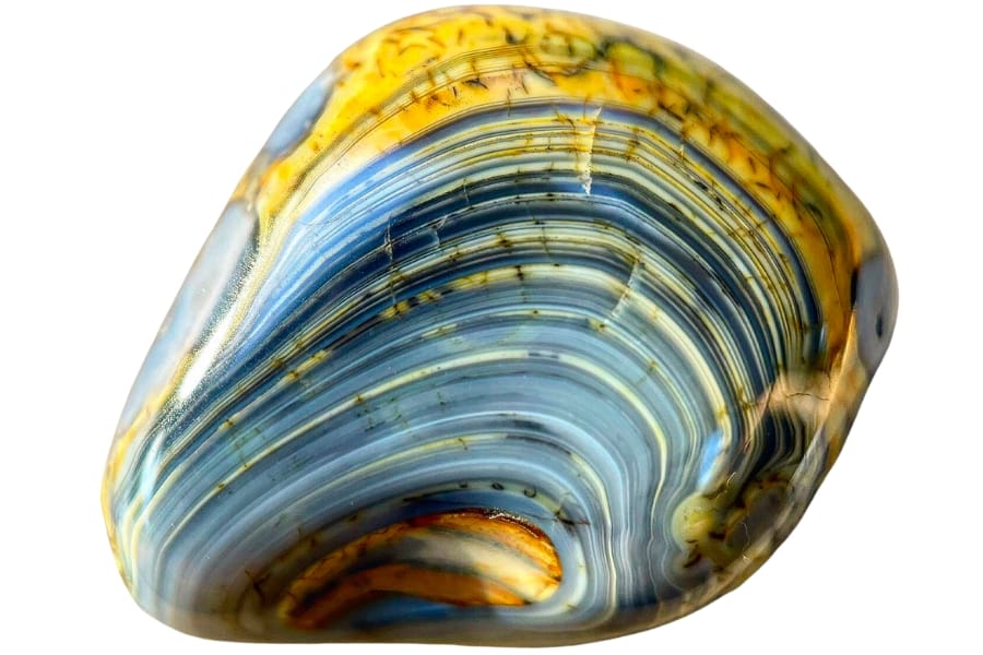 A tumbled agate featuring amazing thinly-spaced banding of black, yellow, and white